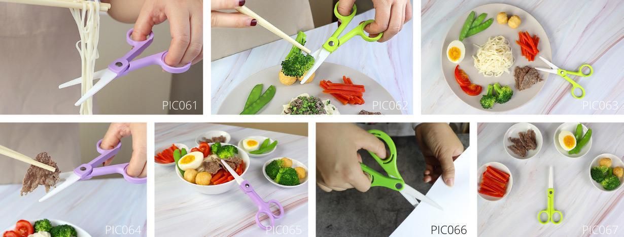ceramic scissors cutting healthy food for baby.