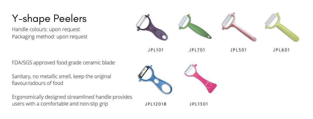 handle colours:upon request. packaging method:upon request. fda/sgs approved food grade ceramic blade. sanitary,no metallic smell,keep the original flavour/odours of food. ergonomically designed streamlined handle provides users with a comfortable and non-slip grip. 